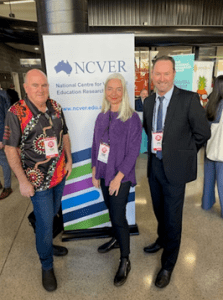 The Manager of the Hotline, Vanessa Iles with Russ Hawkins, CEO Community Colleges Australia and Aboriginal Education Manager, Richard Watson at the NCVER conference in Perth